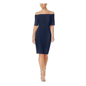 NWT Calvin Klein Midi Sheath Dress Size 2 Dark Navy Blue Off-the-Shoulder